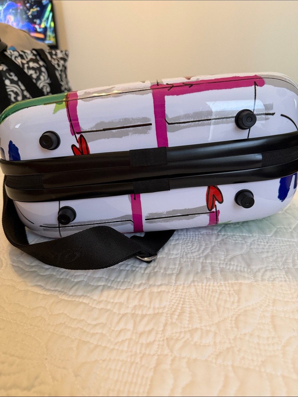 Brighton Mini Illustrated Dome Satchel in White Multi with Black Handle - Picture 3 of 11